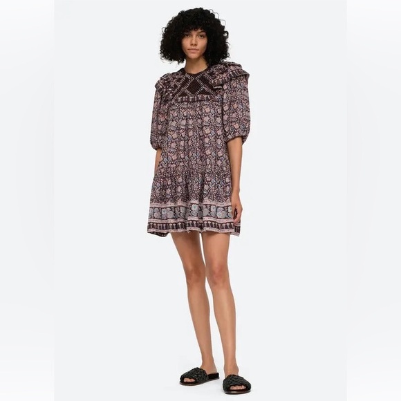 Sea New York Dresses & Skirts - Sea Amaki Border Print Tunic Dress Macrame Puff Sleeve Ruffle Hem Womens Size XS